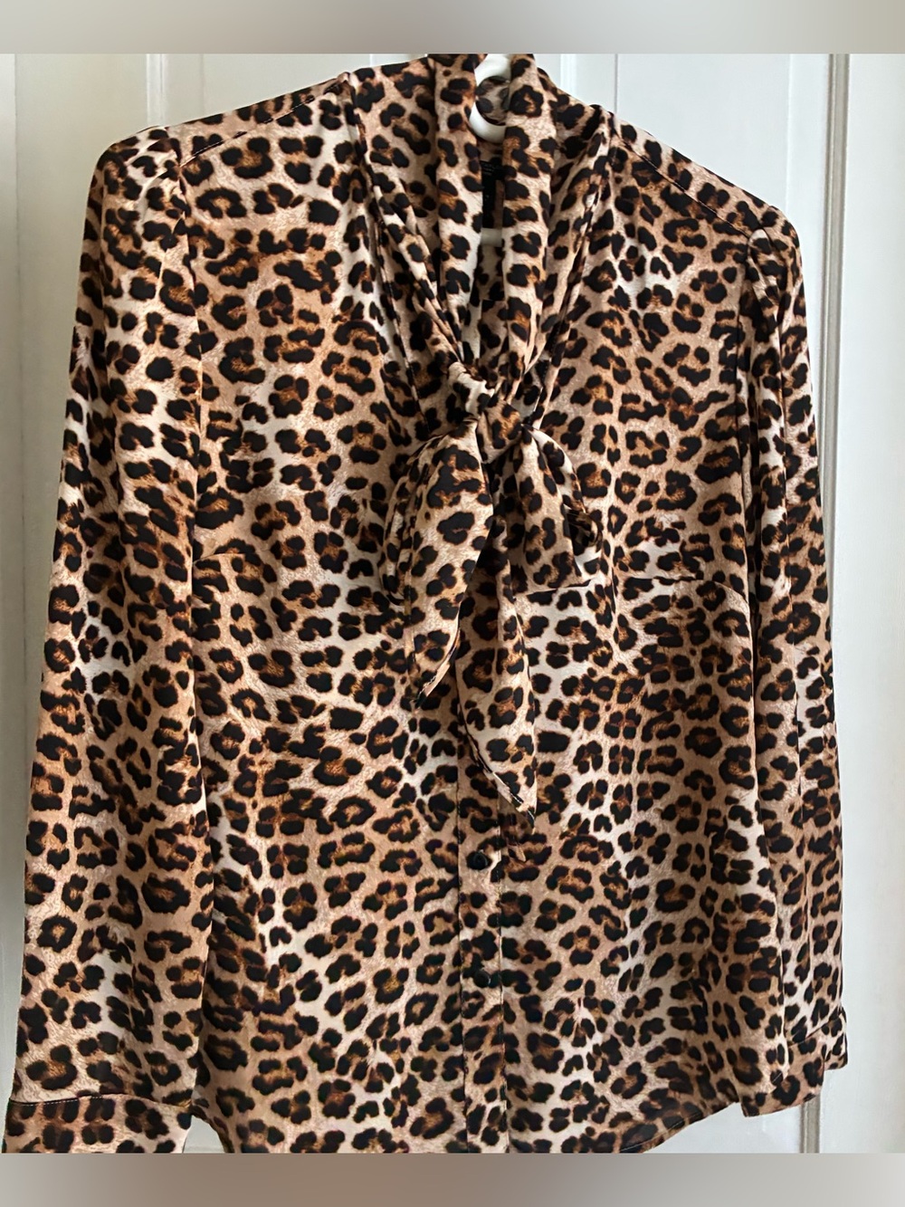 Leopard Print Tie-Neck Blouse - Brown & Tan Petite S